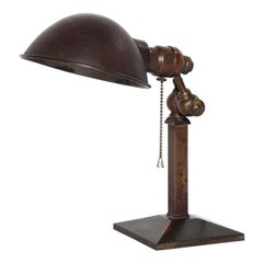 Antique Circa 1900 Dark Brass Pharmacy Table Lamp with Copper Clam Shell Shade 