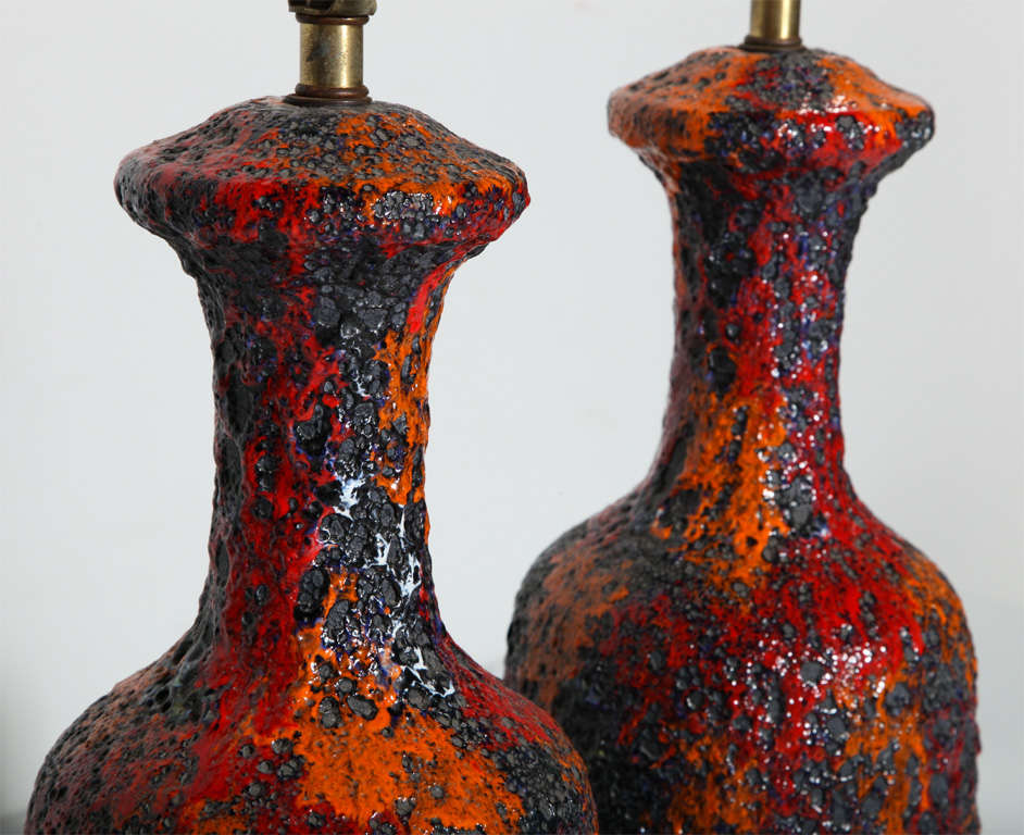 Ceramic Substantial Pair of Italian Volcanic Table Lamps in Deep Purple, Red and Orange