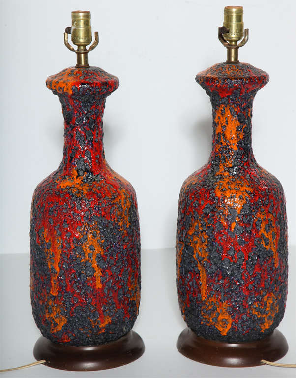Substantial Pair of Italian Volcanic Table Lamps in Deep Purple, Red and Orange 1