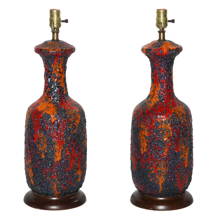 Substantial Pair of Italian Volcanic Table Lamps in Deep Purple, Red and Orange