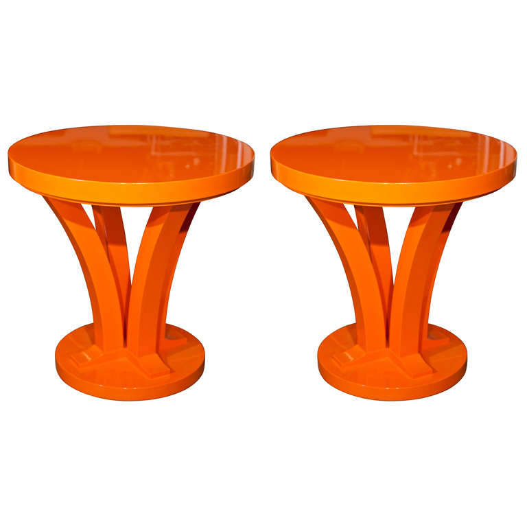 Pair  Of  Orange  Lacquer  Round  Mid  Century Tables