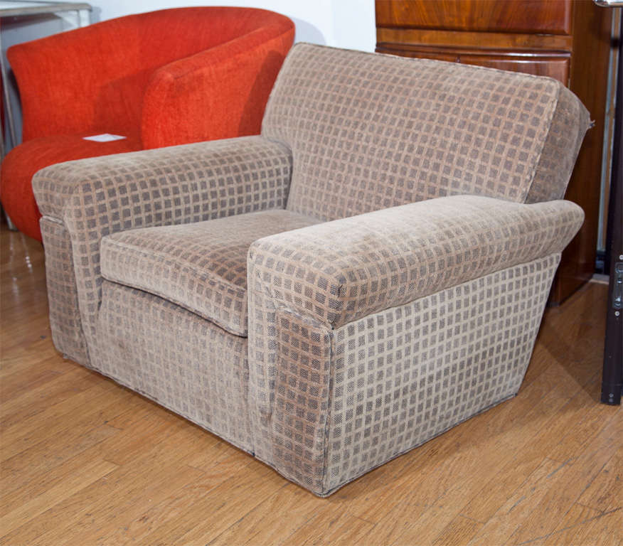 Oversized club chairs, boxed design, covered in box weave chenille in taupe color. Recently reupholstered.