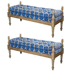Pair Distressed Painted Benches by Jansen