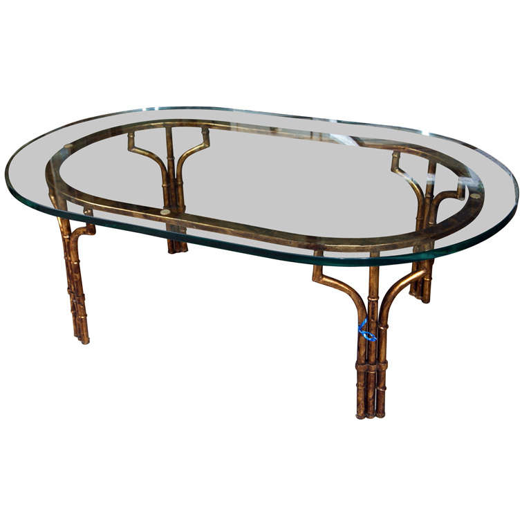 Gilt Metal Faux Bamboo Thick Glass Top Square Coffee Table For Sale at