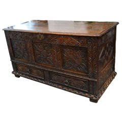 Antique English Oak Coffer/ Chest/ Trunk, Hand Carved, 19th Century