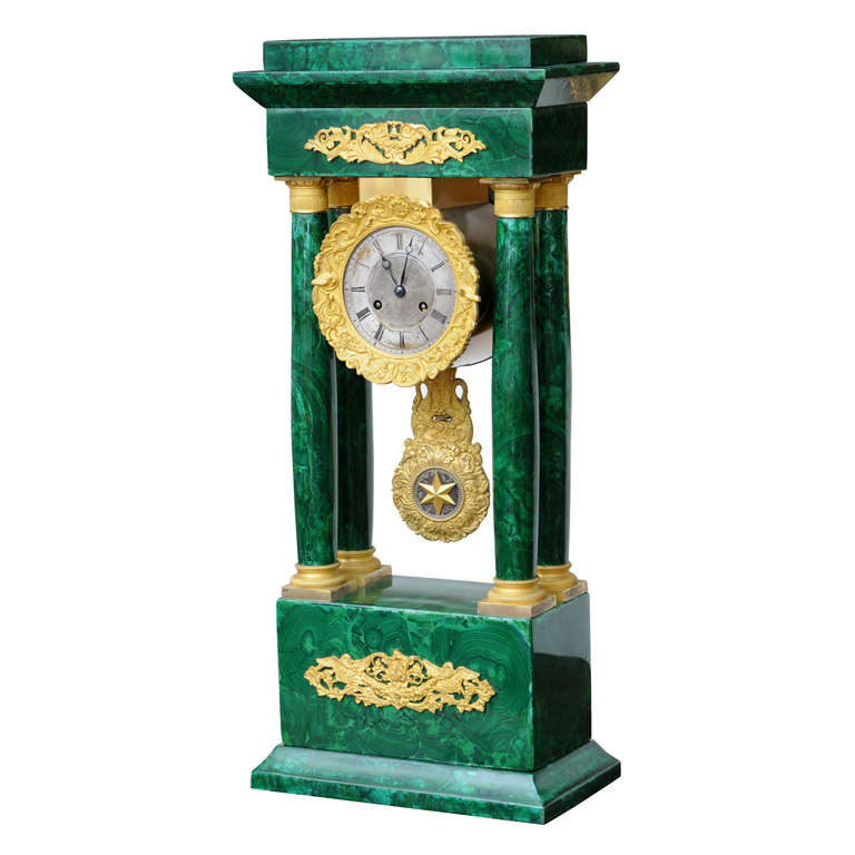 French Empire Columned Malachite Mantel Clock, with Ormolu, 19th century For Sale