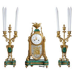 Garniture Malachite & Ormolu, Mantel Clock & Pair of Candelabras, 19th Century