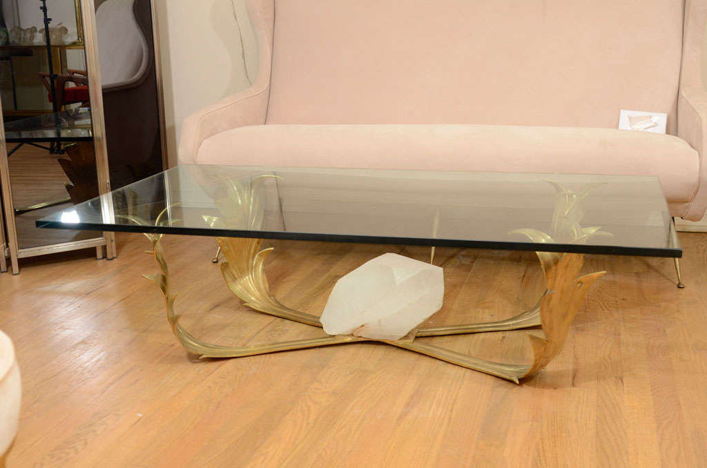 Foliate Form Brass Coffee Table with Rock Crystal Detail