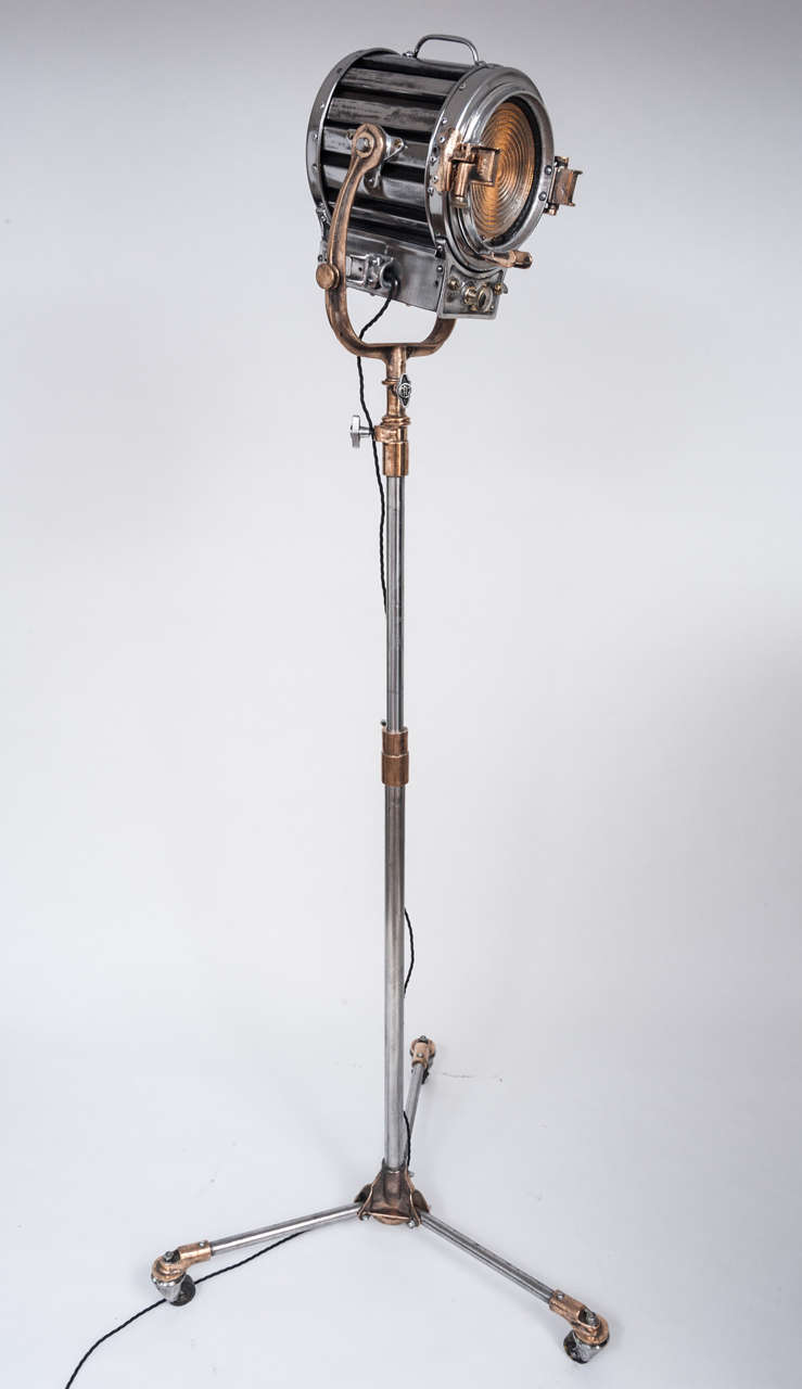 Very rare Mole Richardson studio light with Bronze details and 6 inch diameter Spotlight. Hight adjusted from 140 - 220cm.