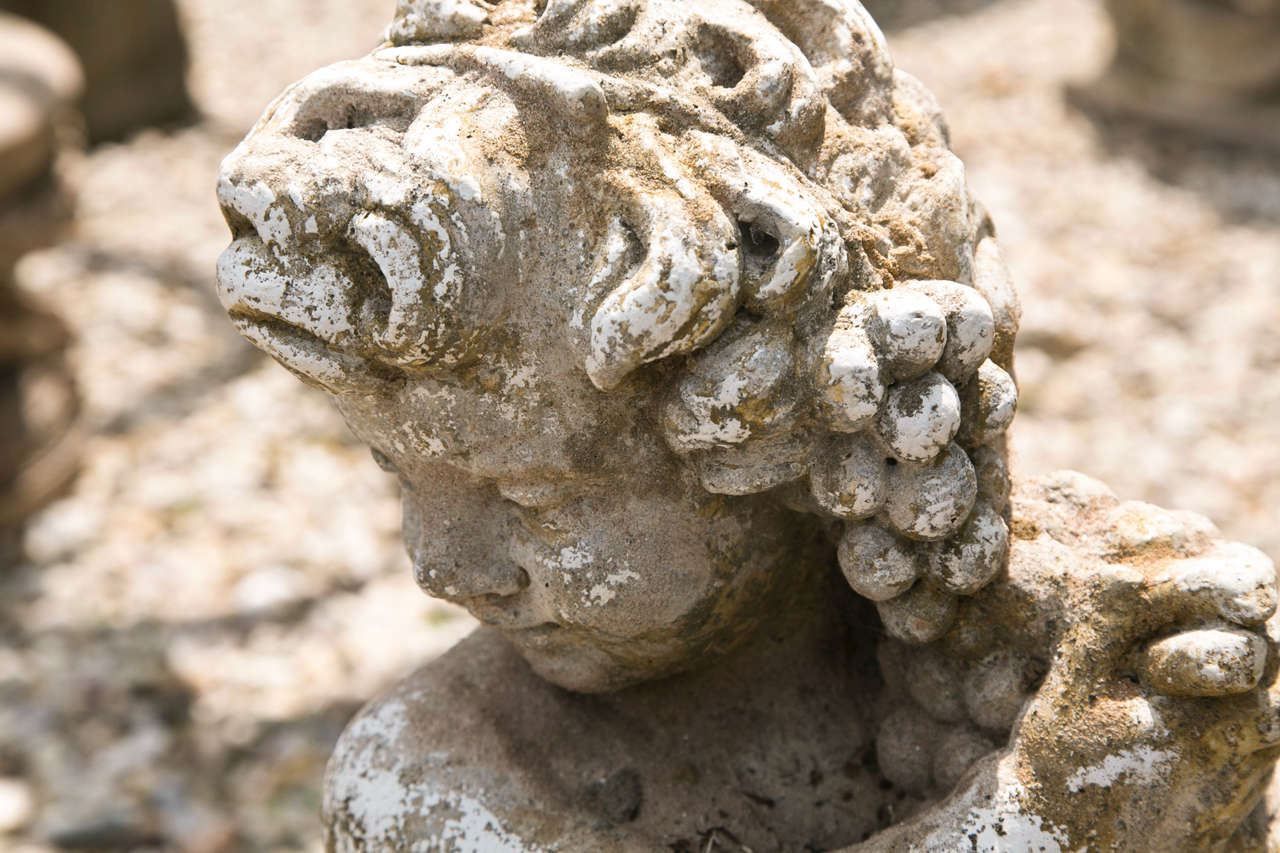 Cast stone cherub representative of summer grape harvest.