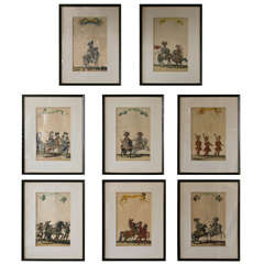 Set of 8 Colored Engravings of Military Men and Horses