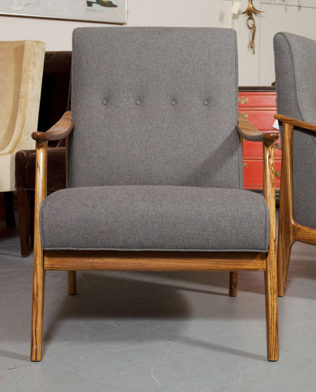 Modern Scandinavian Danish Style Custom Zebra Wood Framed Lounge Chairs In Grey