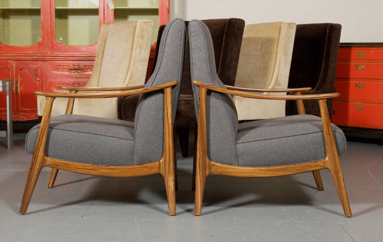 Unknown Scandinavian Danish Style Custom Zebra Wood Framed Lounge Chairs In Grey