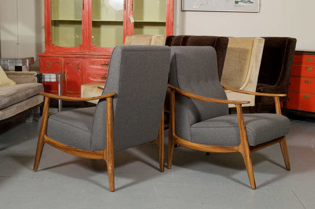 Mid-20th Century Scandinavian Danish Style Custom Zebra Wood Framed Lounge Chairs In Grey
