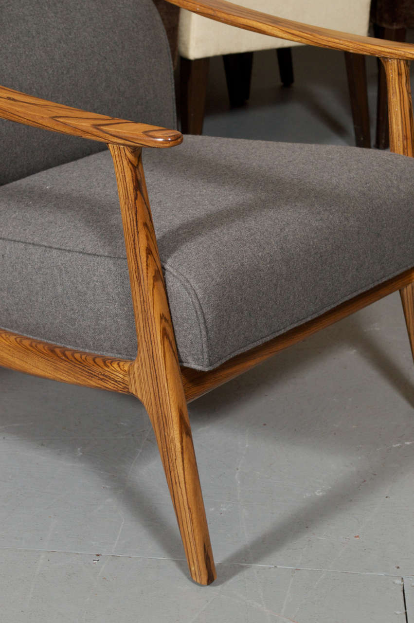 Scandinavian Danish Style Custom Zebra Wood Framed Lounge Chairs In Grey 1