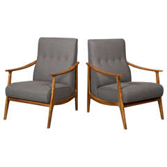 Scandinavian Danish Style Custom Zebra Wood Framed Lounge Chairs In Grey