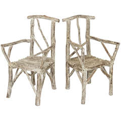Vintage Pair of Rustic White-Washed Hickory Lodge Chairs