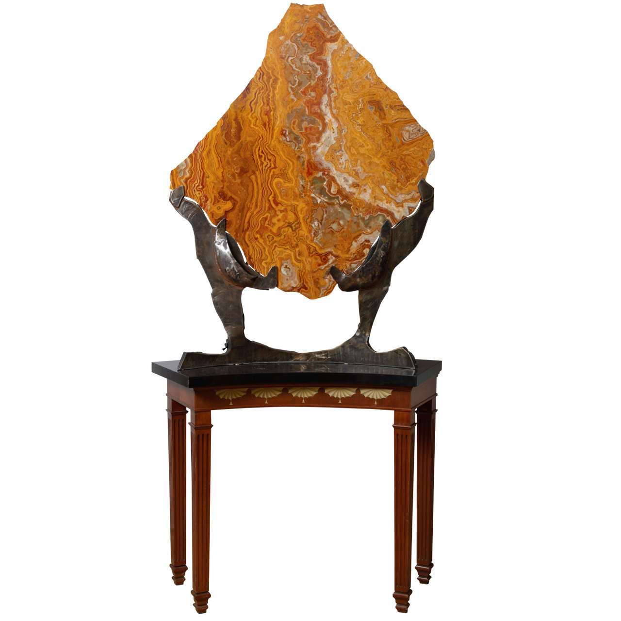 Console Table With Lamp In The Shape Of Two Bronze Seals Holding A Marble Stone For Sale