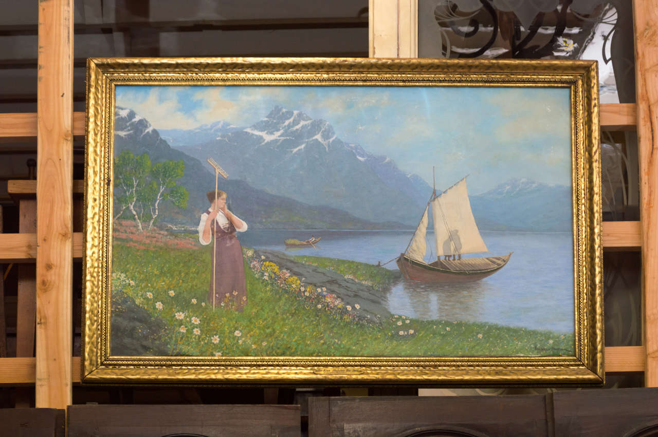Signed Late 1800's Early 1900's Oil on Canvas Painting  with a Gold Dore Frame
 Gulbrand Sether (Norwegian, 1869–1910) 