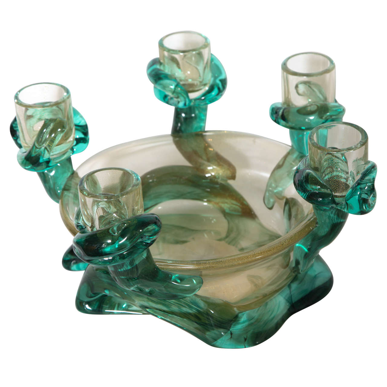 Seguso Gold Fleck Free-Form Glass Centrepiece Bowl with Candleholders