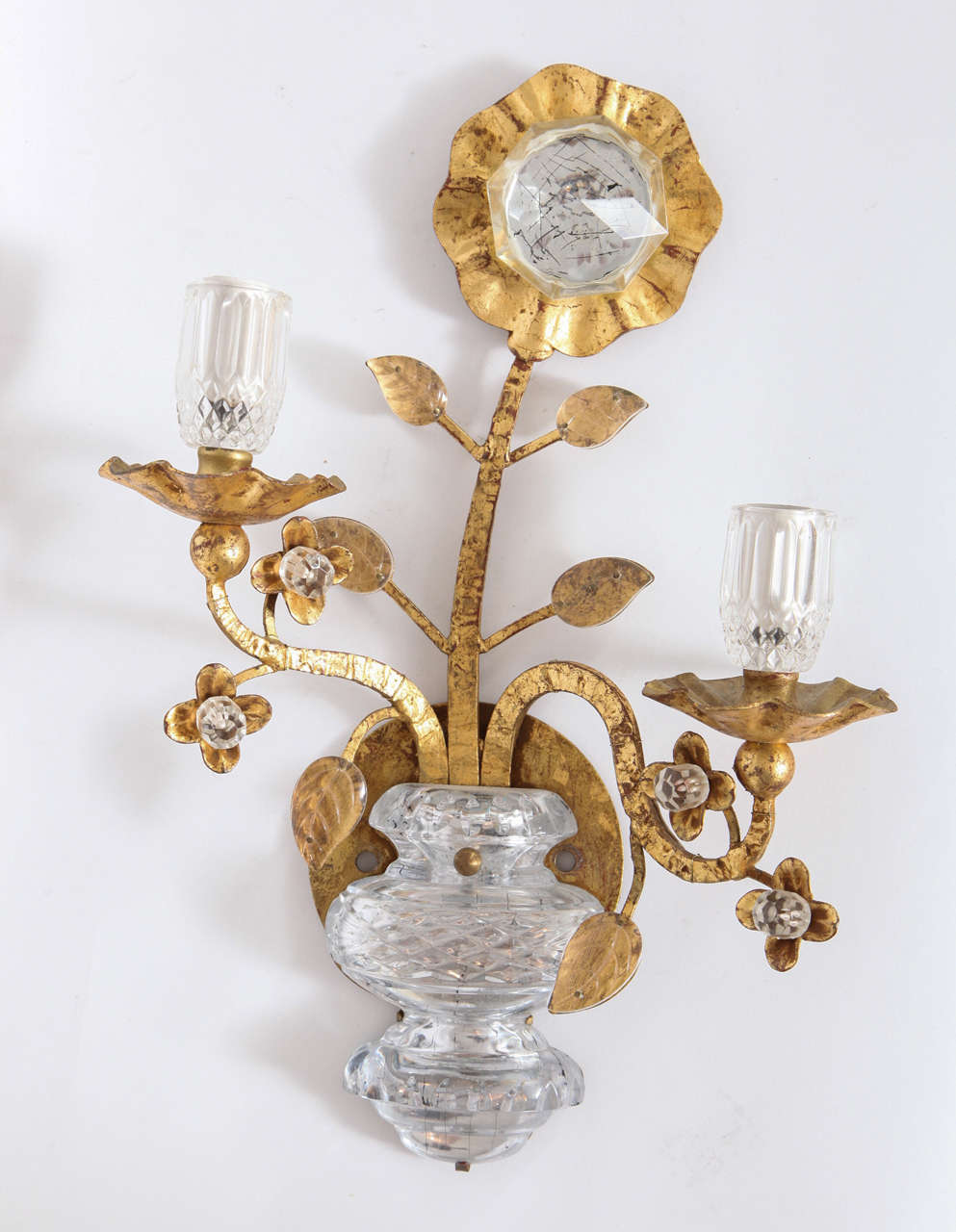 A set of four beautiful floral sconces with bevelled glass basket with gilded floral stems and two light glass fittings.