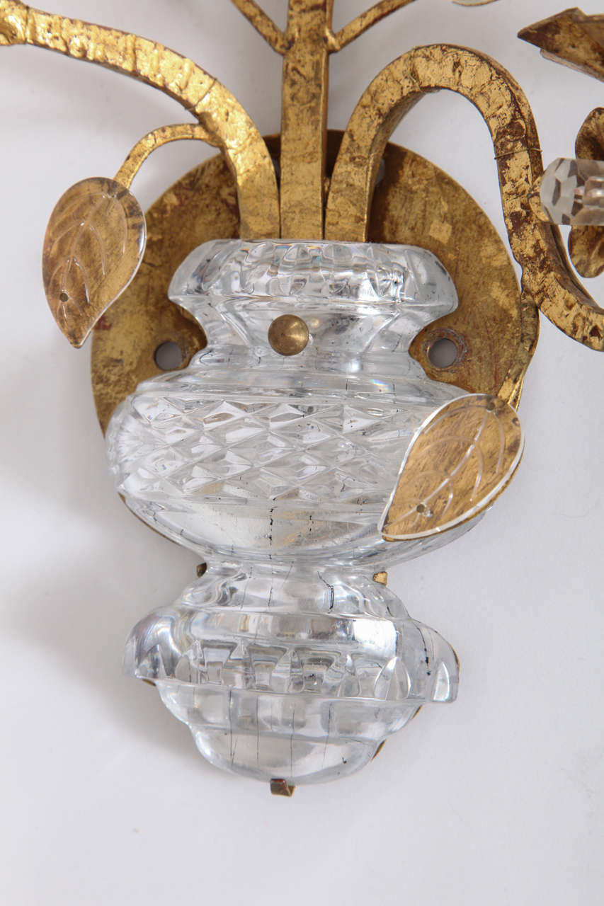 French Floral Glass and Gilded Metal Sconces in the style of Maison Bagues