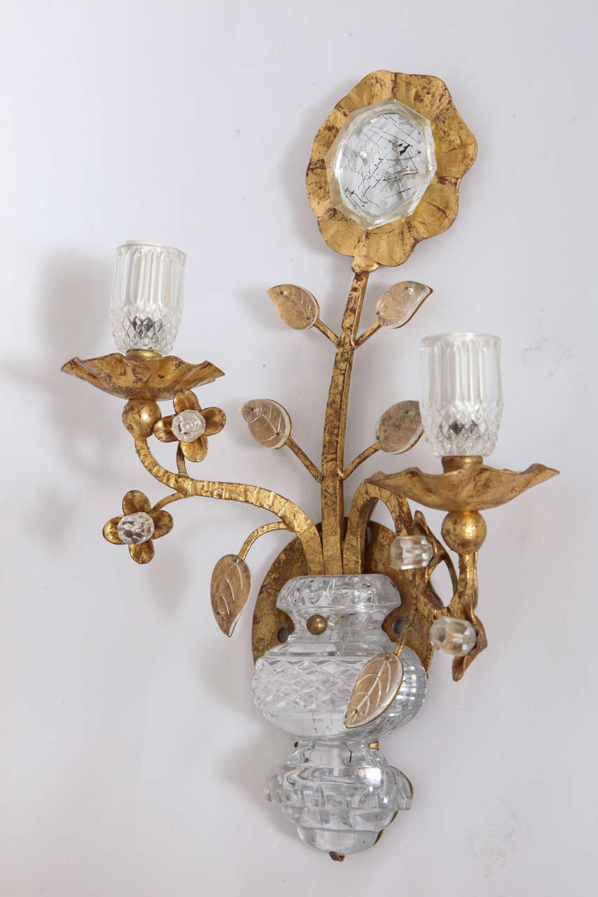 Floral Glass and Gilded Metal Sconces in the style of Maison Bagues 1