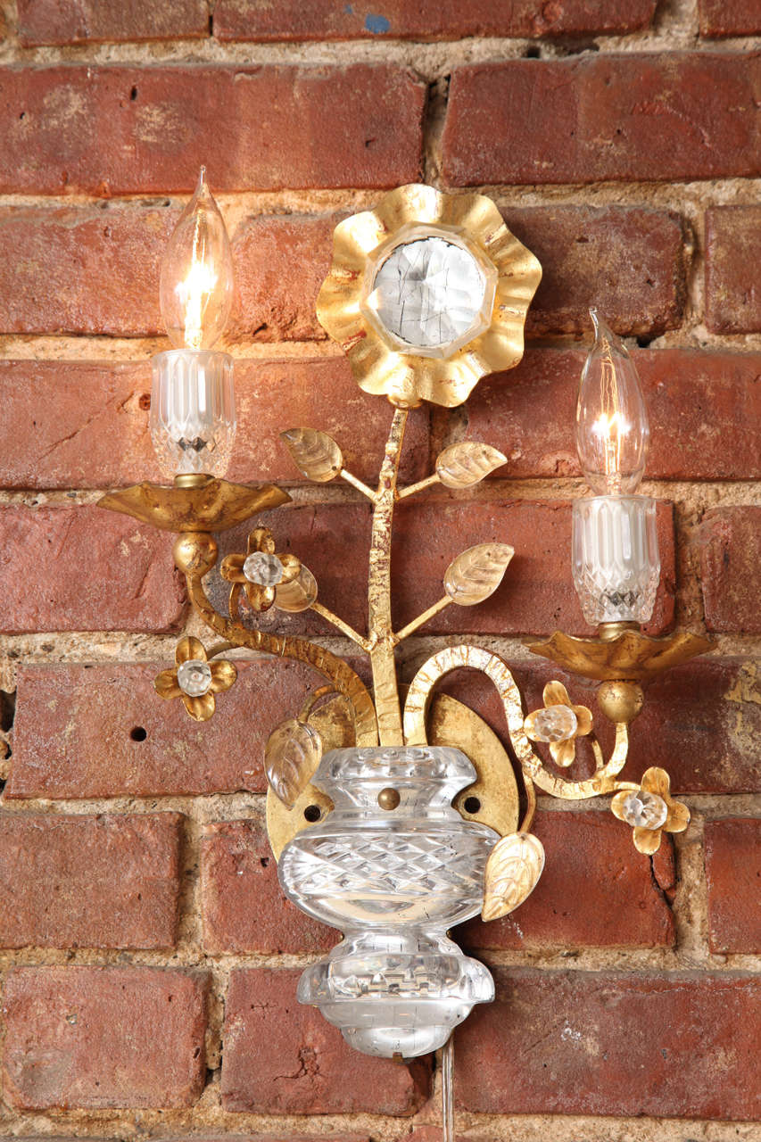 Floral Glass and Gilded Metal Sconces in the style of Maison Bagues 5