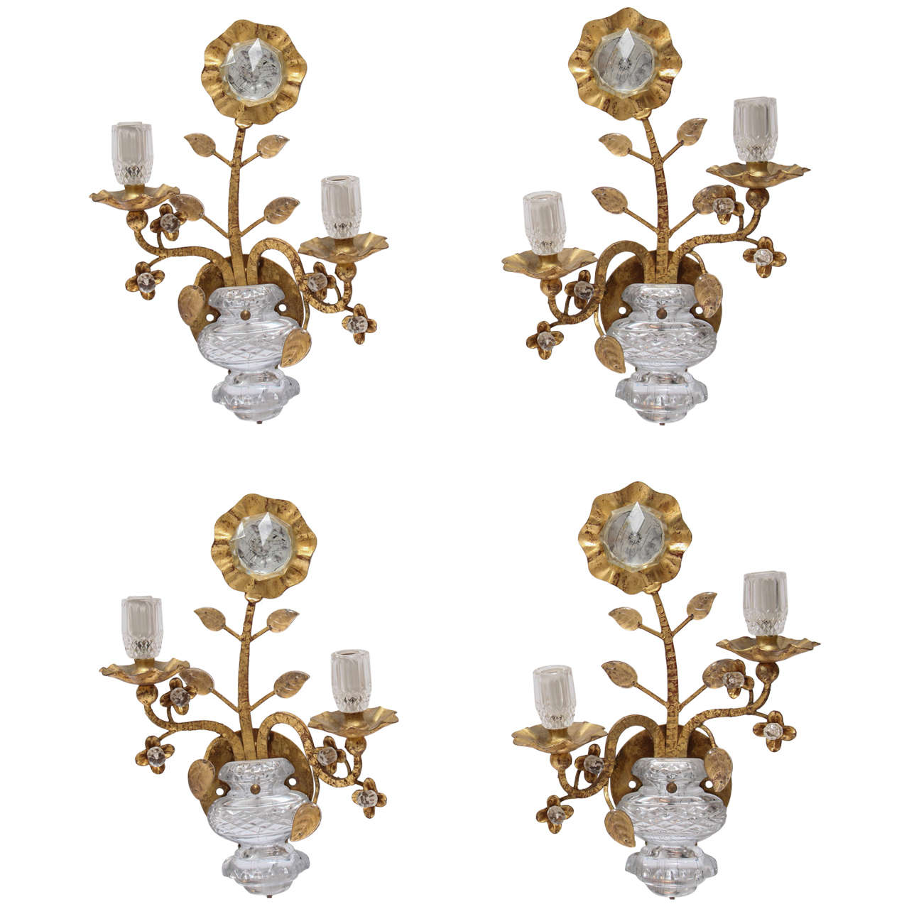 Floral Glass and Gilded Metal Sconces in the style of Maison Bagues