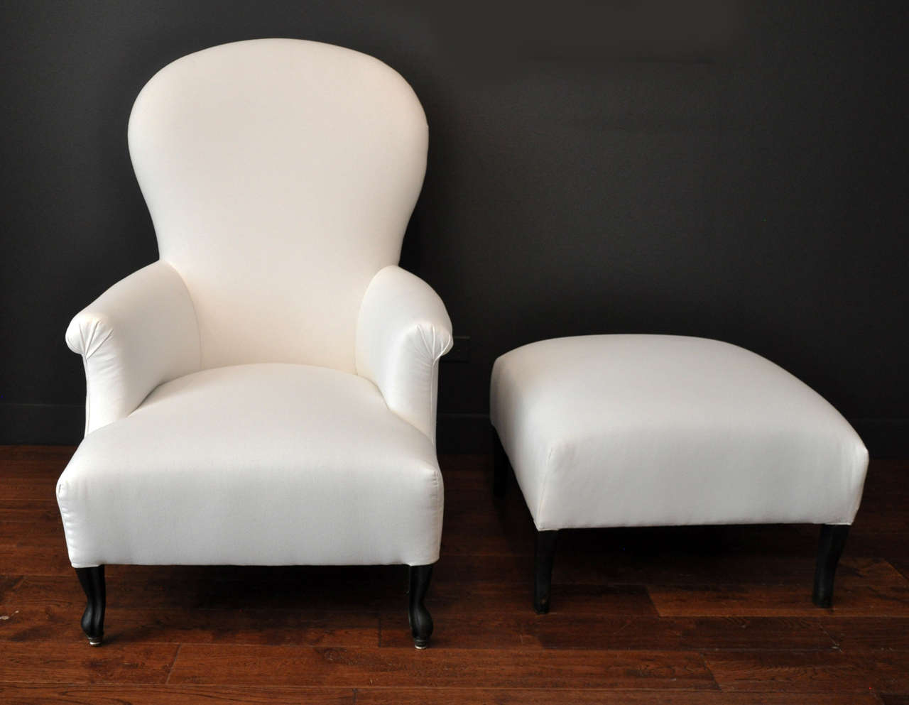 This Napoleon Style chair and ottoman create a cool and unusual chaise when pushed together.<br />
Dimensions below are for the chair portion<br />
Ottoman -17H x 25 x 24