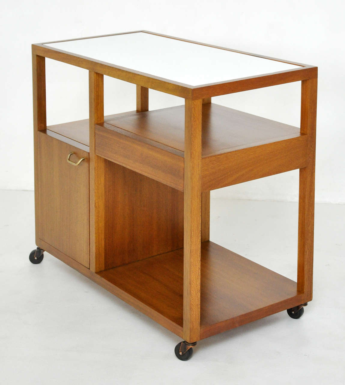 Server trolley designed by Harvey Probber. Fully restored mahogany case with white vitrolite glass top.