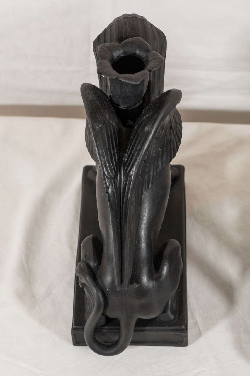 Pair of Wedgwood Black Basalt Candlesticks Modeled as Sphinxes In Excellent Condition In Katonah, NY