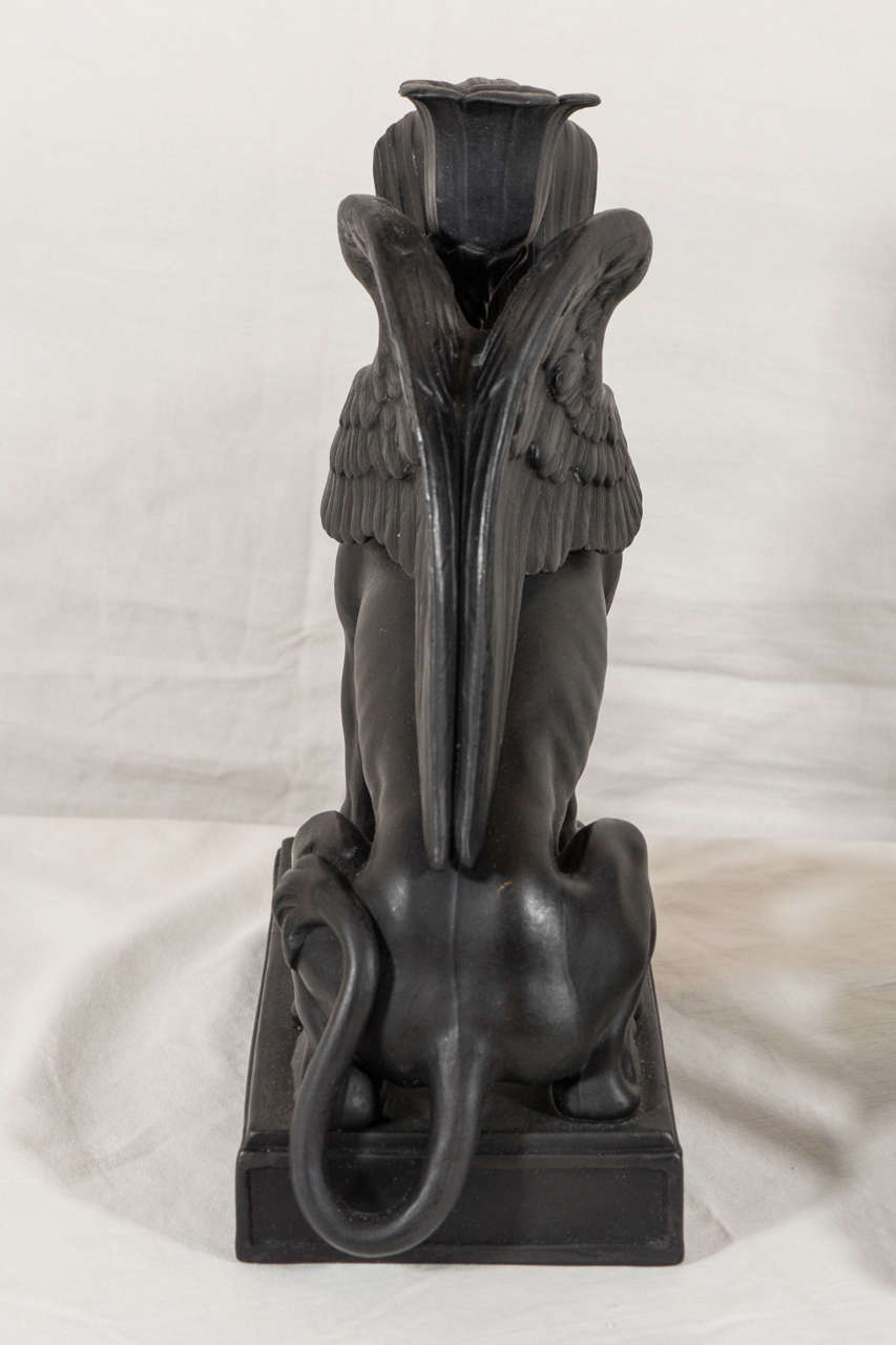 Mid-19th Century Pair of Wedgwood Black Basalt Candlesticks Modeled as Sphinxes