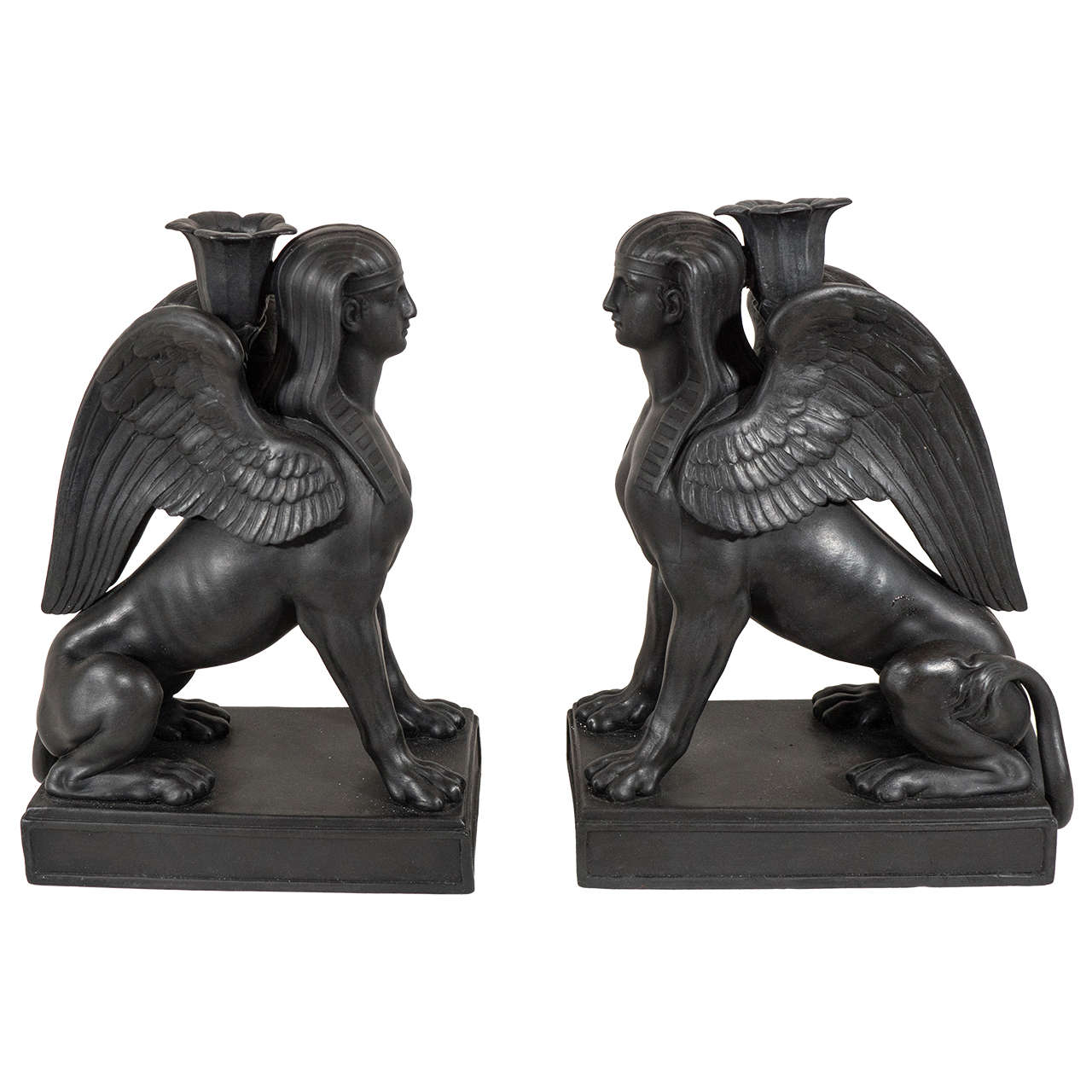 Pair of Wedgwood Black Basalt Candlesticks Modeled as Sphinxes