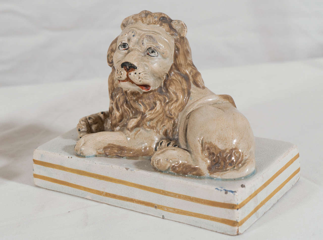 Hand-Painted Pair of Early 19th Century English Staffordshire Lions