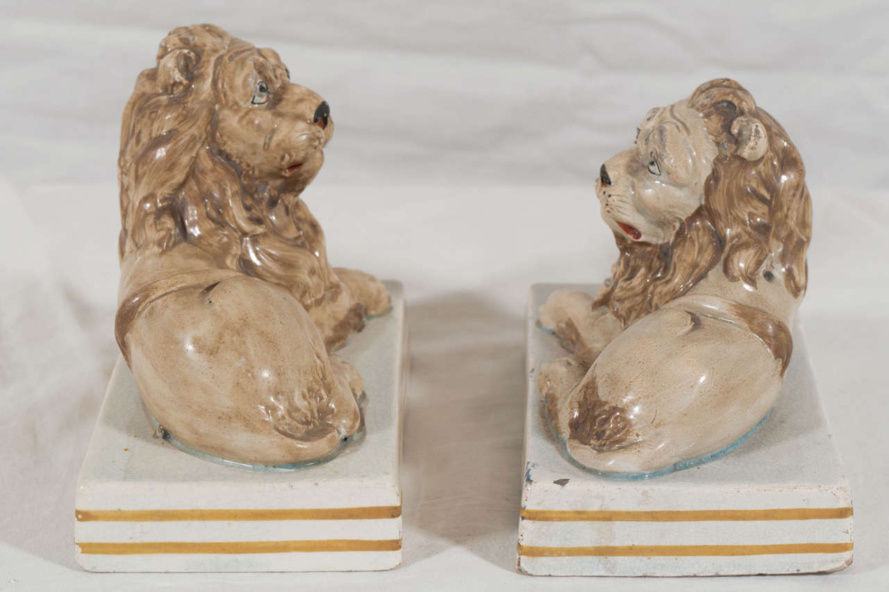 Pair of Early 19th Century English Staffordshire Lions 1