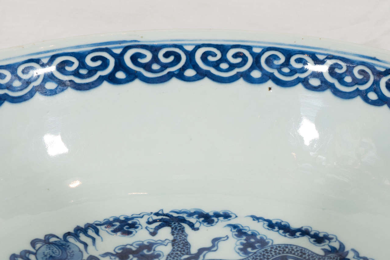 Hand-Painted Large Chinese Blue and White Antique Porcelain Bowl Painted with Dragons