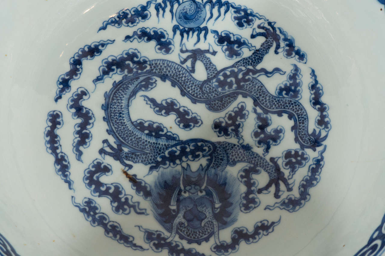 Ming Large Chinese Blue and White Antique Porcelain Bowl Painted with Dragons
