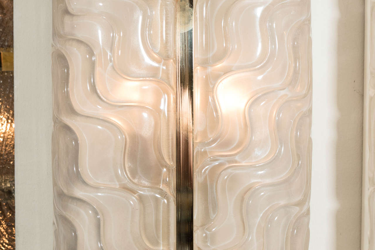 Pair of large rectangular textured glass sconces In Good Condition In New York, NY