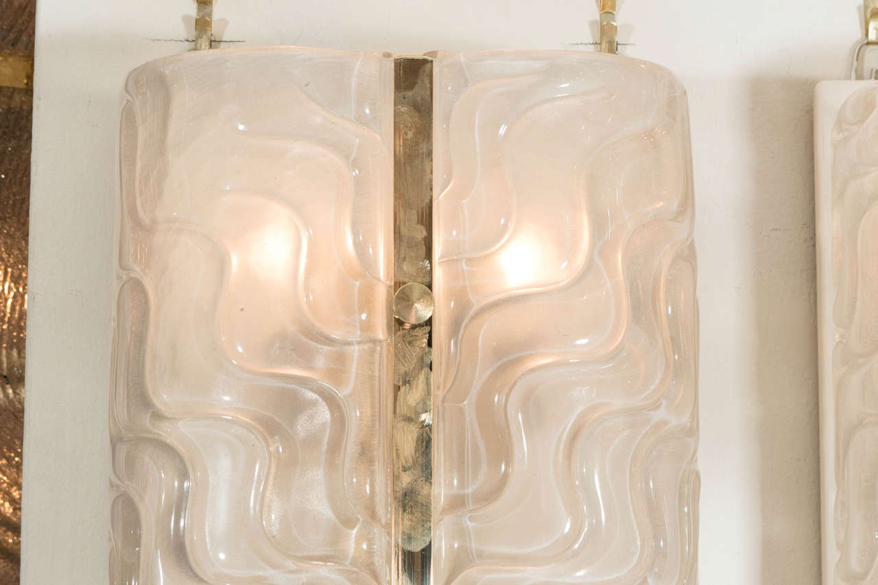 Mid-20th Century Pair of large rectangular textured glass sconces