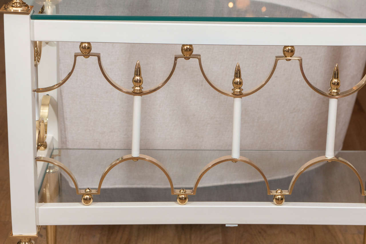 Enameled Pair of rectangular brass and white enameled metal side tables
