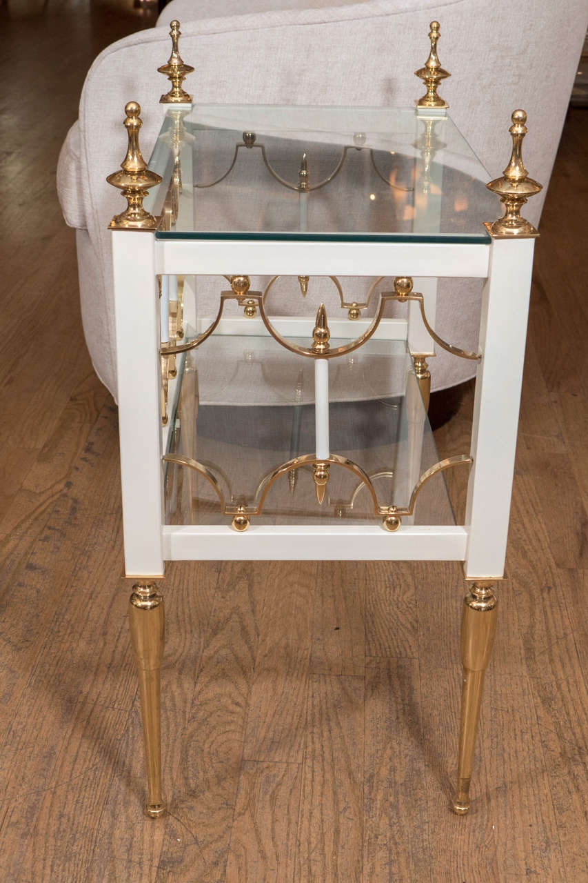 Brass Pair of rectangular brass and white enameled metal side tables