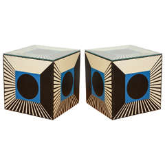 Pair of Fornasetti Style Italian Cube Tables with Glass Tops
