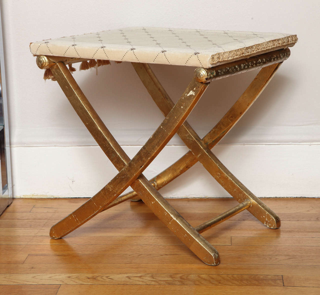 Italian gilded stool upholstered in hand-painted velvet, 1950s.