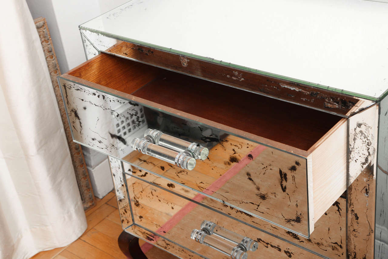 20th Century Antique-Mirrored Three-Drawer Chest with Lucite Handles, c. 1940s For Sale