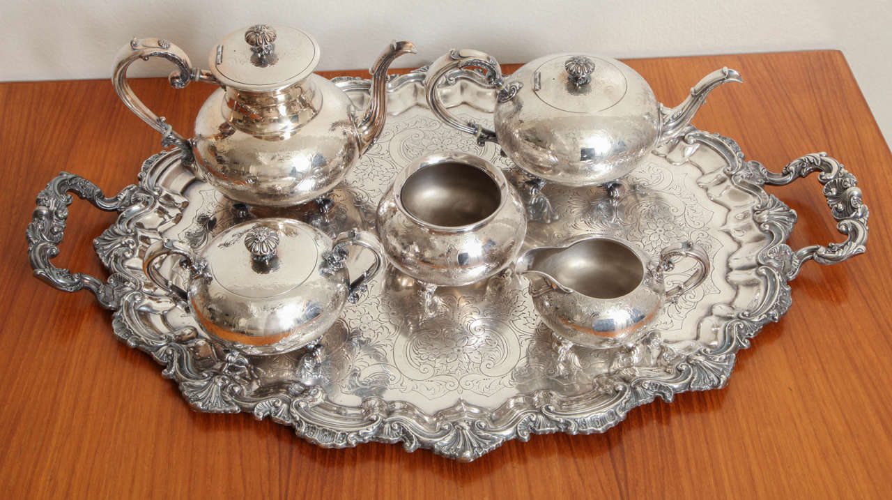 Reed & Barton Silverplate Hollowware seven-piece Tea Set, stamped 1935. Measurements are for tray.