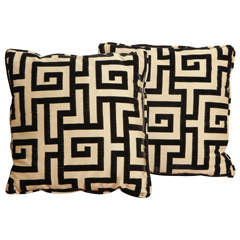Pair of French Cut Velvet Black and White Greek Key Pillows
