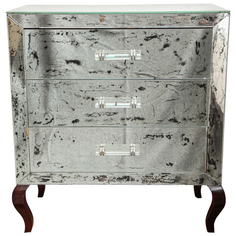AntiqueMirrored ThreeDrawer Chest with Lucite Handles, c. 1940s For Sale at 1stDibs antique