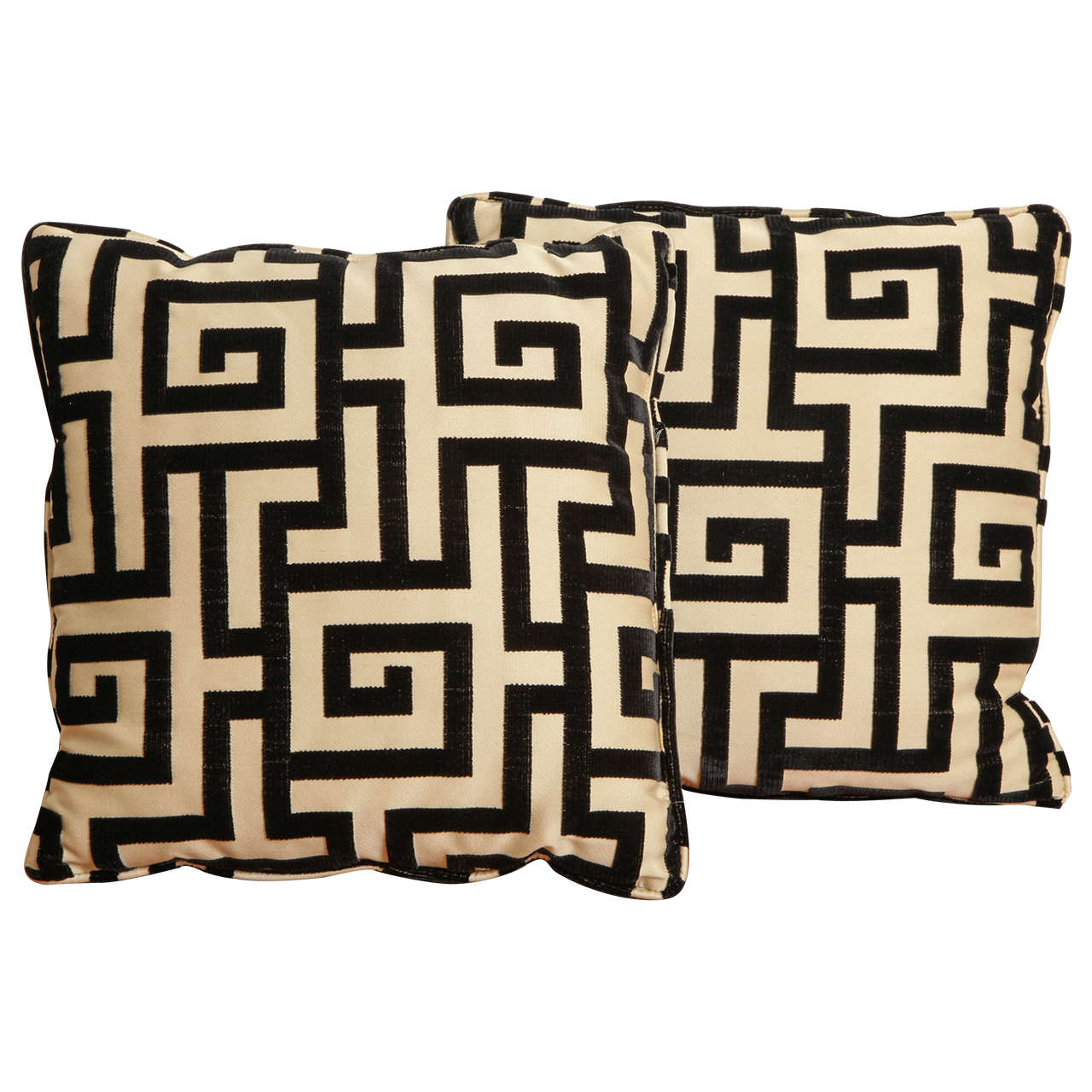 Pair of French Cut Velvet Black and White Greek Key Pillows at 1stDibs