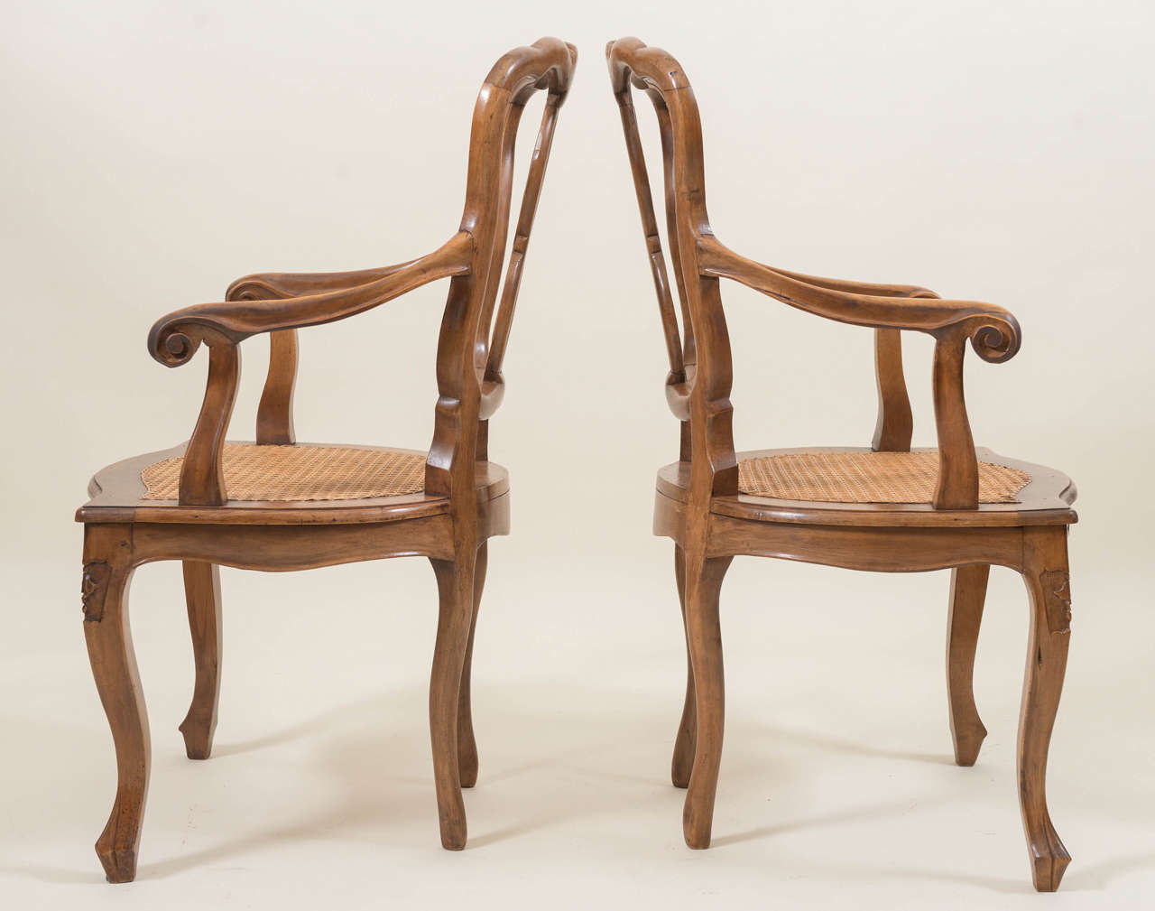 Cane Pair of Italian Walnut Armchairs For Sale
